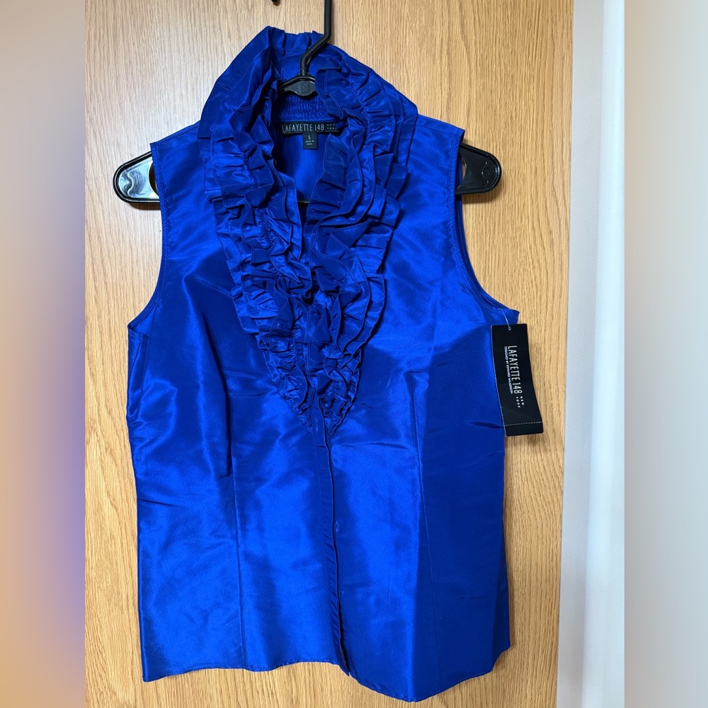 Lafayette 148 Silk Blouse Top Sz 6 Women’s Blue Sleeveless Ruffled Button Up